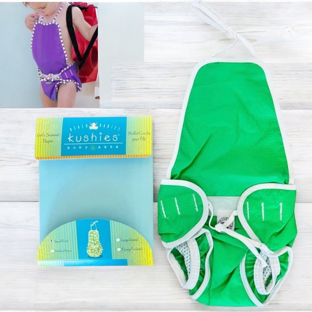 Kushies Girls Bibbed Reusable Swimsuit Diaper | Green | Size Small | NEW